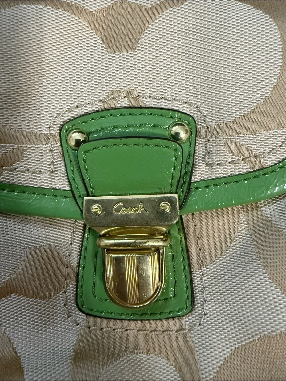Coach Beige Signature Canvas Shoulder Bag with Green Trim
